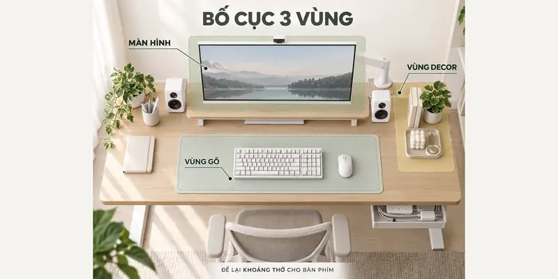 Sơ đồ bố cục 3 vùng cho setup bàn làm việc trắng gồm màn hình, vùng phím và vùng decor