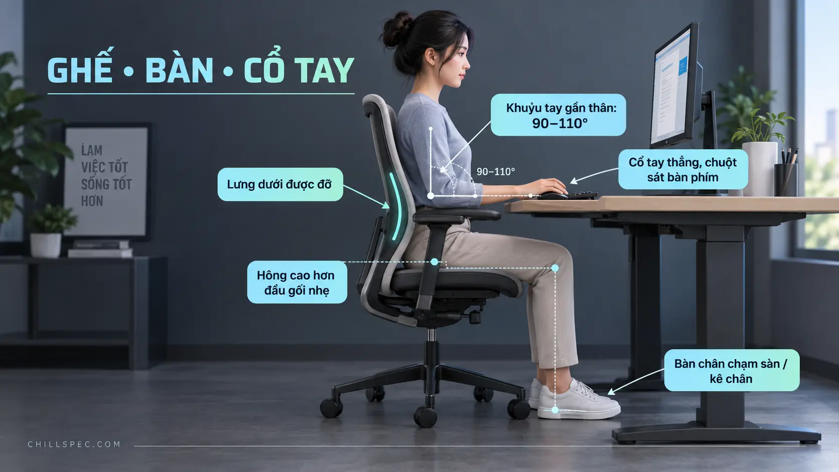 Minh họa ghế, bàn, khuỷu tay, cổ tay và bàn chân trong setup công thái học