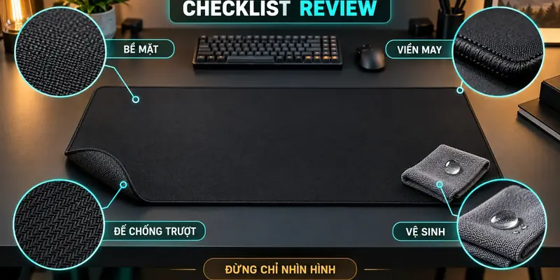Checklist review deskmat gồm bề mặt, viền may, đế chống trượt và vệ sinh