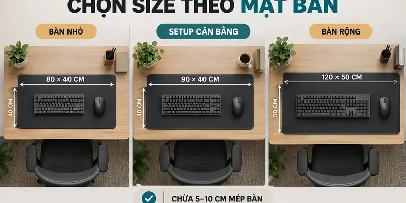 Infographic chọn kích thước deskmat 80 x 40, 90 x 40 và 120 x 50 cm theo mặt bàn