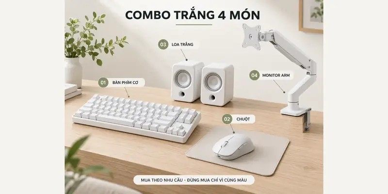 Combo gear trắng gồm bàn phím cơ, chuột, loa và monitor arm cho White Desk Setup