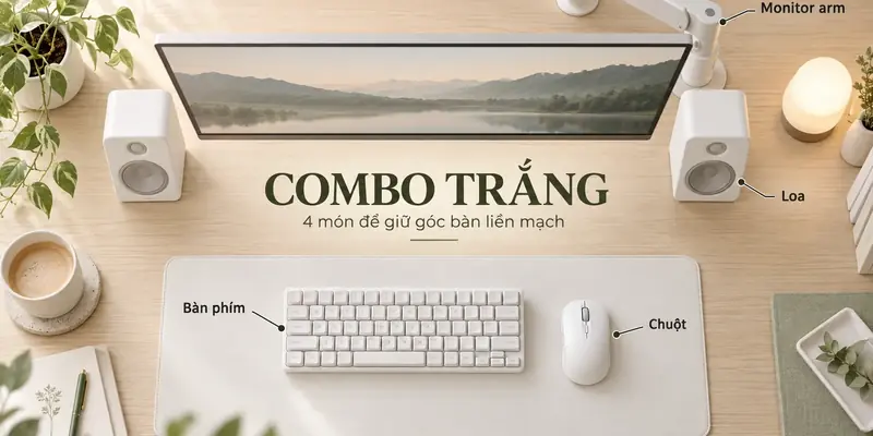 Combo setup bàn màu trắng gồm bàn phím low profile, chuột, loa và monitor arm trên mặt bàn gỗ sáng