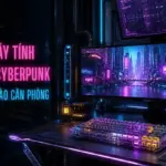 Cover setup bàn máy tính phong cách Cyberpunk với neon cyan magenta