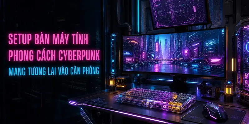 Cover setup bàn máy tính phong cách Cyberpunk với neon cyan magenta
