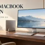 Ý tưởng setup góc máy MacBook tối giản với màn hình rời và bàn gỗ sáng