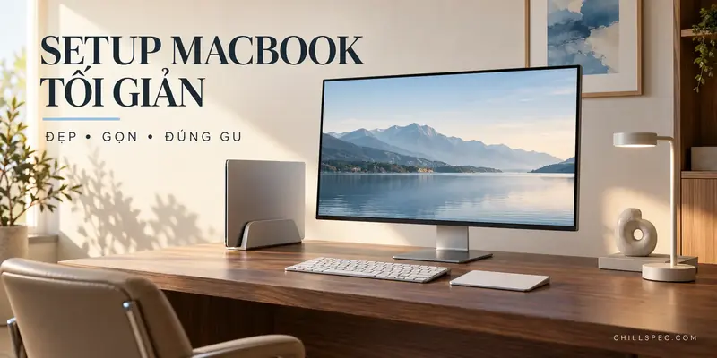 Ý tưởng setup góc máy MacBook tối giản với màn hình rời và bàn gỗ sáng