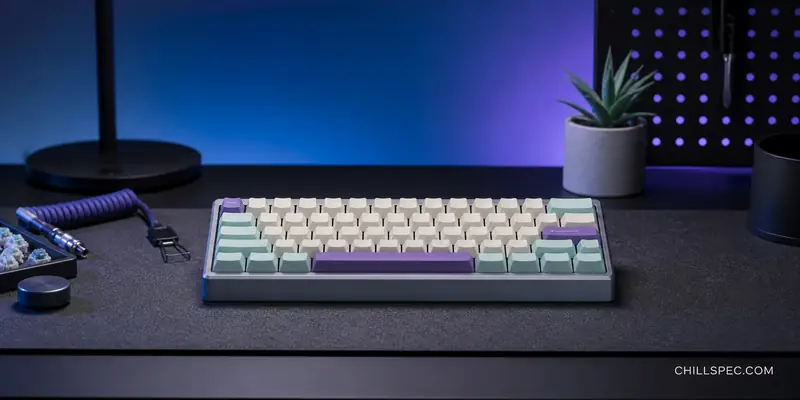 Bàn phím cơ custom nhôm trong góc setup tối giản với ánh sáng xanh băng và tím