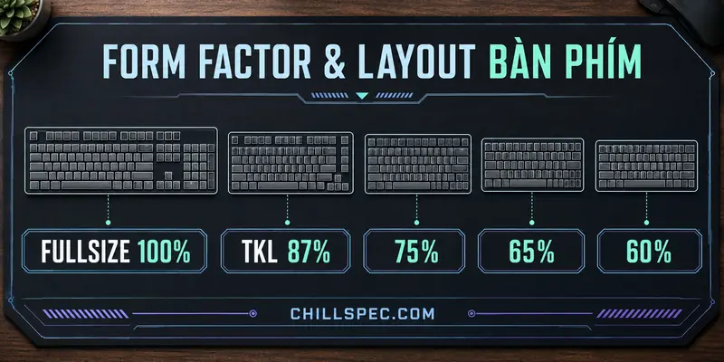 Form factor và layout bàn phím cơ: Fullsize, TKL, 75%, 65% và 60%