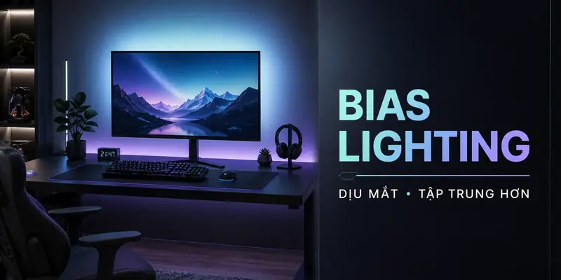 Bias lighting với ánh sáng RGB hắt sau màn hình cho phòng máy