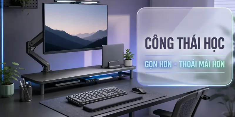 Phụ kiện công thái học gồm monitor arm, screenbar, desk shelf và kê tay