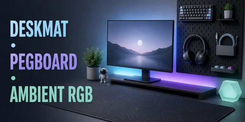Deskmat, pegboard và đèn LED ambient RGB trong một desk setup