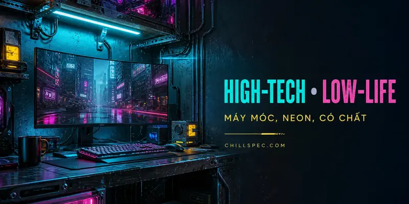 Góc bàn máy tính Cyberpunk High Tech Low Life với kim loại công nghiệp và neon