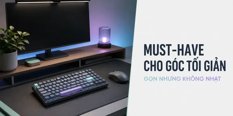 Bàn phím cơ 75 phần trăm, chuột không dây, screenbar và desk shelf cho góc tối giản