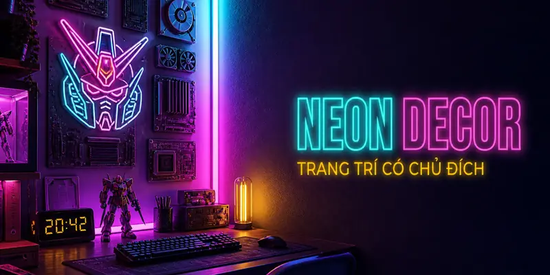 Neon decor Cyberpunk với bảng mạch PC cũ tube light đồng hồ LED và figure mecha