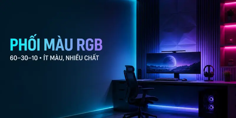 Phối màu RGB phòng máy theo quy tắc 60 30 10 với cyan violet và magenta