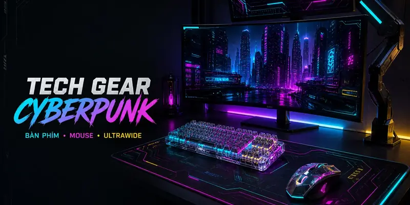 Tech Gear Cyberpunk gồm bàn phím cơ xuyên thấu chuột gaming deskmat neon và màn hình ultrawide