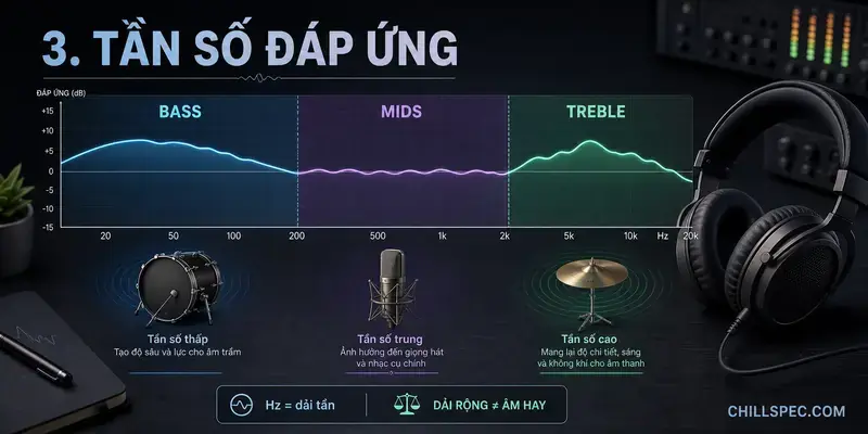 Đồ thị tần số đáp ứng tai nghe với ba vùng Bass Mids Treble