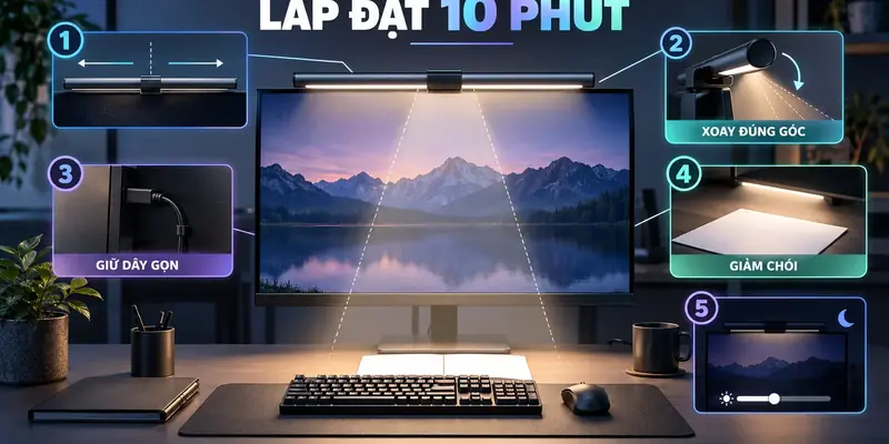 Minh họa lắp đặt và tinh chỉnh đèn treo màn hình trong 10 phút