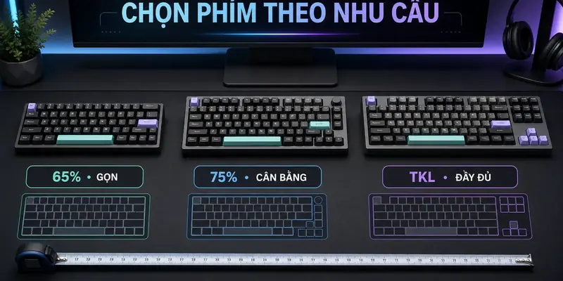 So sánh layout bàn phím cơ 65 phần trăm 75 phần trăm và TKL