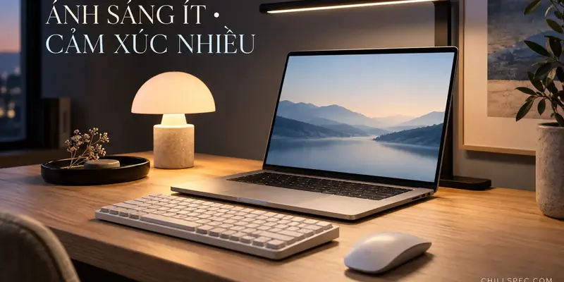 Ánh sáng và vật liệu cho góc MacBook tối giản cao cấp