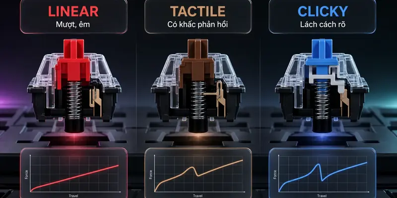 Minh họa so sánh Linear Tactile Clicky switch bàn phím cơ