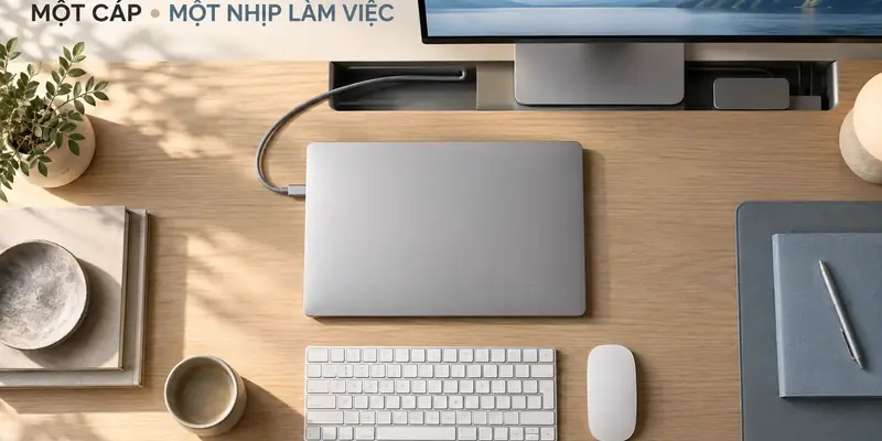 MacBook desk setup một cáp với dock và cable management gọn gàng