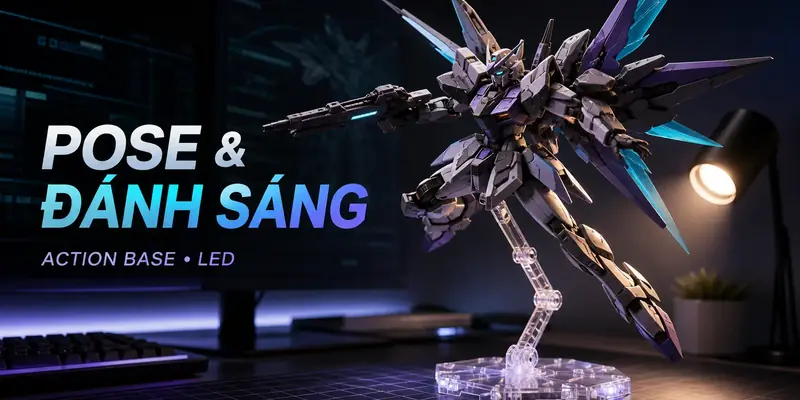 Gundam tạo dáng trên Action Base với đèn LED trong desk setup