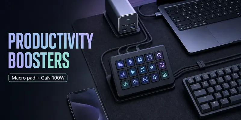 Macro pad và sạc GaN 100W trên bàn làm việc