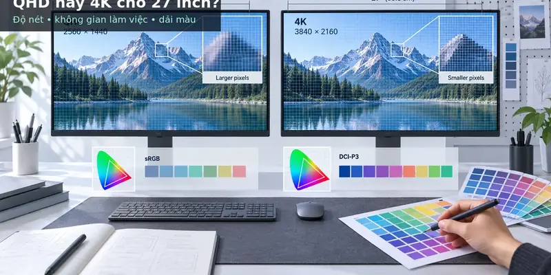 Minh họa so sánh màn hình 27 inch QHD và 4K cho công việc đồ họa