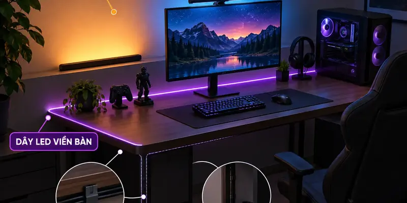 Sơ đồ bố trí dây LED viền bàn, đèn hắt tường và đèn nền màn hình trong phòng máy