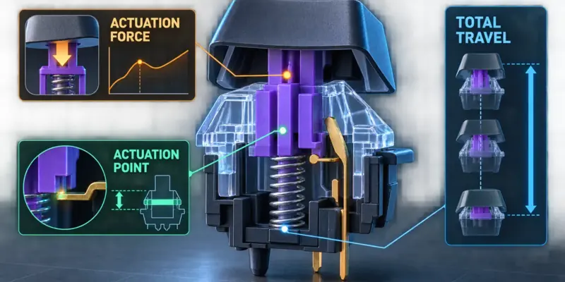 Minh họa Actuation Force Actuation Point Total Travel của switch