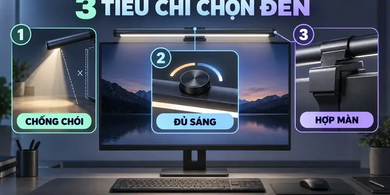 Ba tiêu chí chọn đèn treo màn hình: chống chói, đủ sáng và hợp màn hình