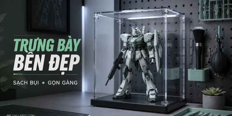 Mô hình Gundam trong hộp mica sạch bụi trên kệ bàn làm việc