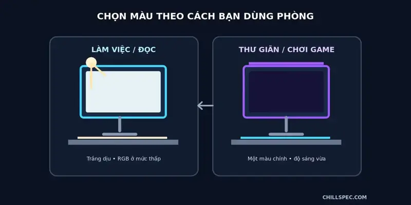 So sánh ánh sáng trắng dịu khi làm việc với RGB màu nhẹ khi thư giãn
