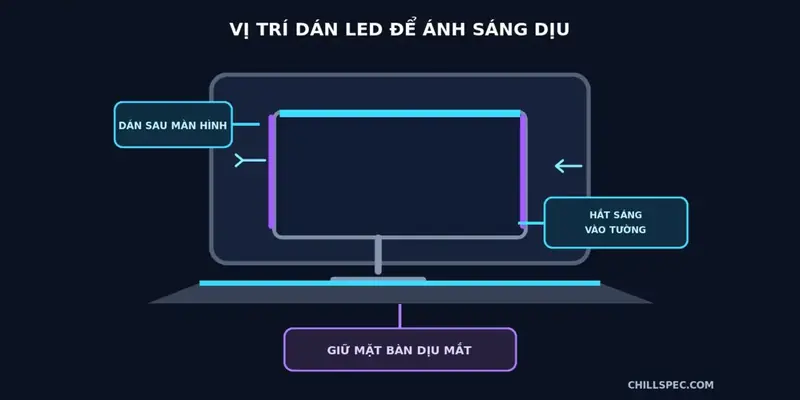 Vị trí dán LED sau màn hình và hướng hắt sáng vào tường để giảm chói