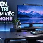Phụ kiện trang trí bàn làm việc công nghệ: desk setup với đồng hồ LED, art toy và pegboard