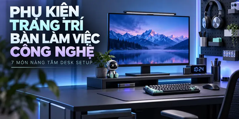Phụ kiện trang trí bàn làm việc công nghệ: desk setup với đồng hồ LED, art toy và pegboard