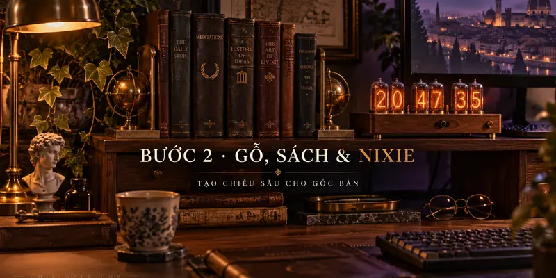 Kệ gỗ, sách cũ và đồng hồ Nixie giả lập trên góc bàn dark academia
