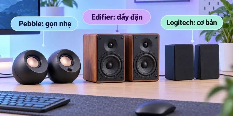 So sánh kiểu dáng loa mini Pebble, loa bookshelf Edifier và loa cơ bản Logitech trên bàn làm việc