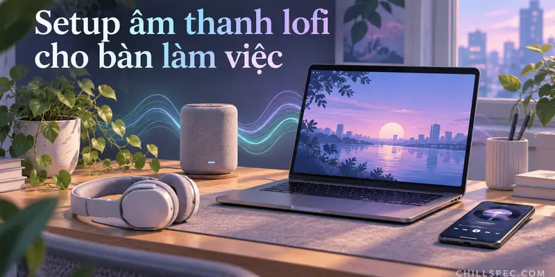 Bố trí tai nghe, loa và thiết bị phát nhạc lofi trên bàn làm việc
