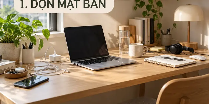 Bàn làm việc trước khi tối giản: chỉ giữ lại laptop và vật dụng dùng hằng ngày