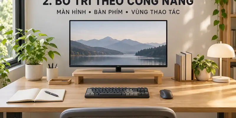 Bố trí bàn làm việc tối giản với màn hình, bàn phím và vùng thao tác cân đối