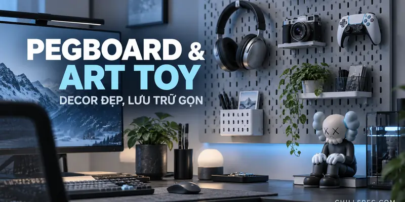Pegboard, art toy và phụ kiện được sắp xếp gọn trên bàn làm việc