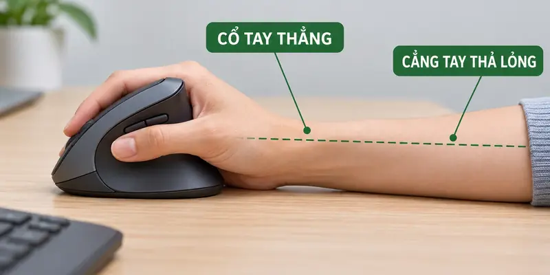 Minh họa cổ tay giữ thẳng và cẳng tay thả lỏng khi dùng chuột công thái học