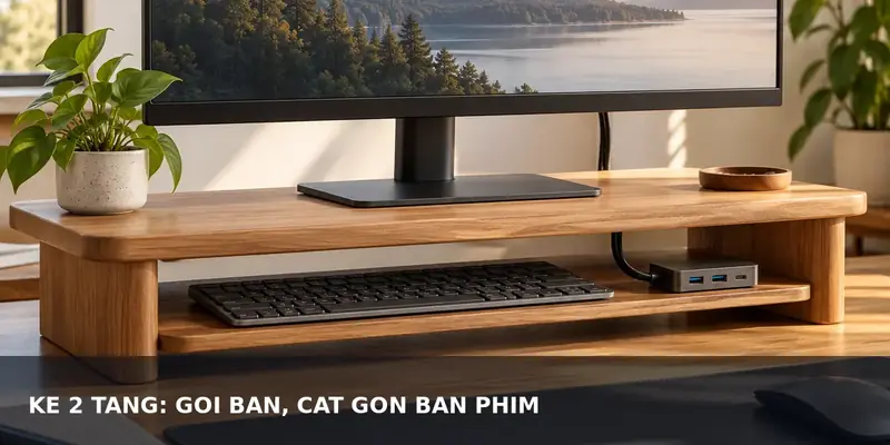 Desk shelf gỗ hai tầng có khoảng trống cất bàn phím bên dưới