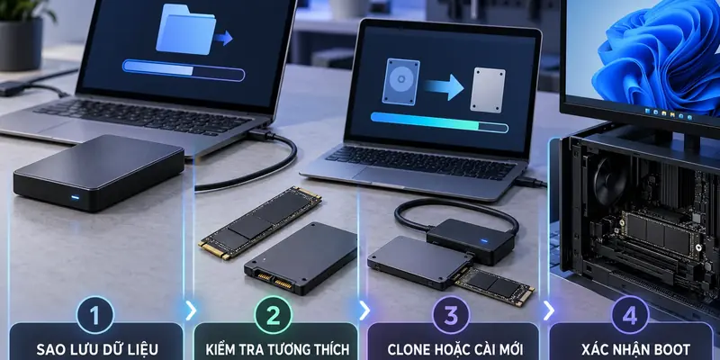 Quy trình sao lưu, kiểm tra tương thích, clone hoặc cài Windows mới và xác nhận boot SSD